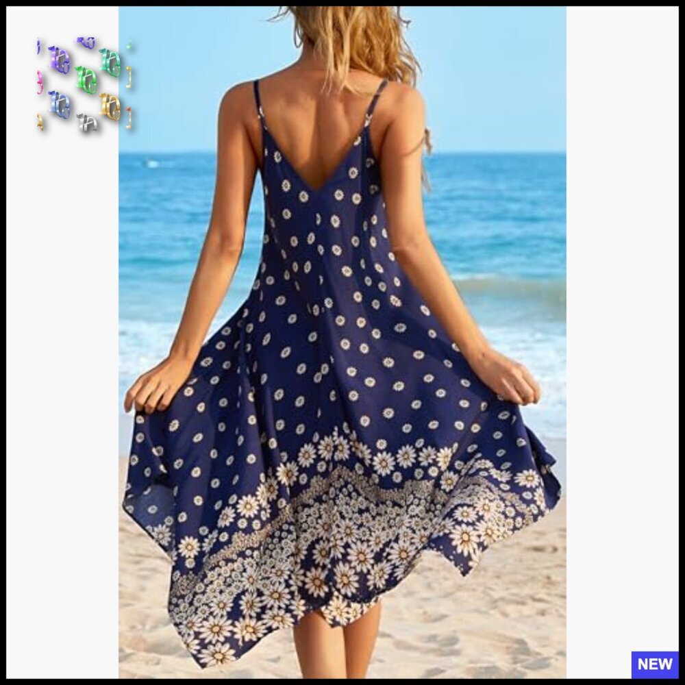 Boho Sundress Spaghetti Strap Cover Up Flowy Midi Beach Vacation Dress - Picture 6 of 7